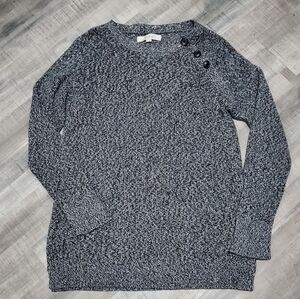 LOFT Marled Knit Sweater Shoulder Button Cotton Pullover Gray Medium